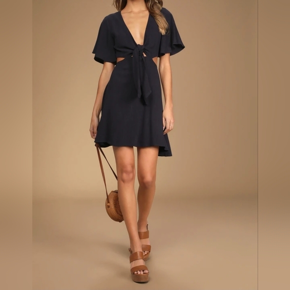 Lulus Women's Perfect Day for Love Navy Blue Cutout Tie-Front Mini Dress, Size S - Picture 5 of 11